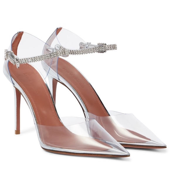 AMINA MUADDI ❤️‍🔥 Ursina Crystal Ankle Strap Glass Clear High Heels 38.5 NIB - Picture 2 of 12